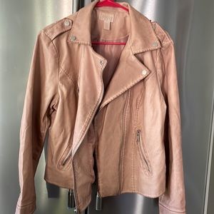 Chico’s pale pink distressed leather biker jacket.